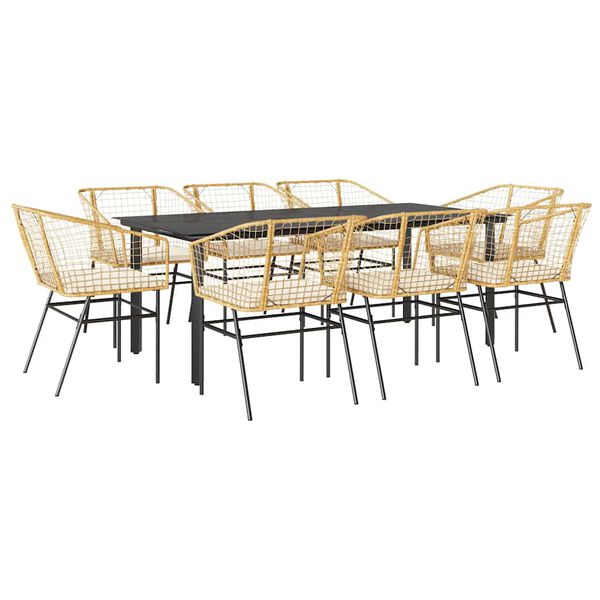 vidaXL 9-tlg. Garten-Essgruppe mit Kissen Braun Poly Rattan Glas
