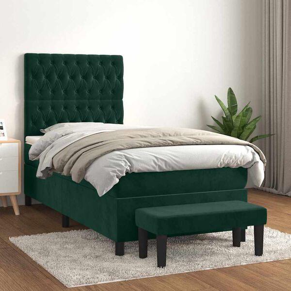 vidaXL Boxspringbett mit Matratze Dunkelgr&uuml;n 90x200 cm Samt