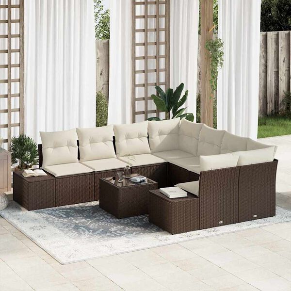 vidaXL Garten-Sofa-Set mit Kissen 9 pcs Braun und Creme Poly-Rattan