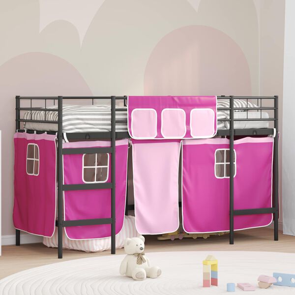 vidaXL Kinder Loft Bettgestell mit Vorh&auml;ngen Schwarz und Pink