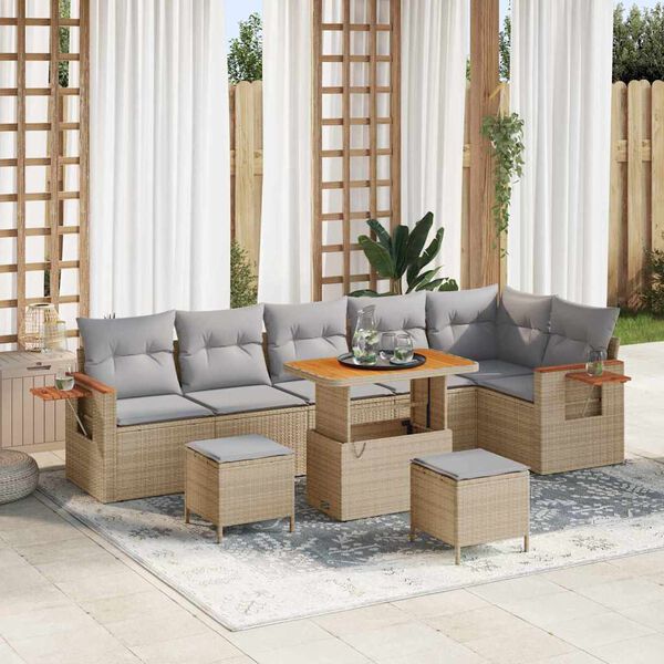 vidaXL Garten-Sofa-Set mit Kissen mit Speicher Beige Poly Rattan