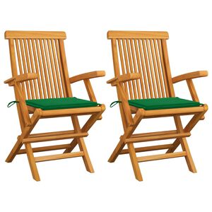 vidaXL Klappst&uuml;hle mit gr&uuml;nen Kissen, 2 St&uuml;ck, Massivholz Teakholz