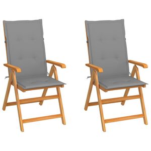 vidaXL Klappst&uuml;hle, 2 St&uuml;ck, mit grauen Kissen, aus massivem Teakholz