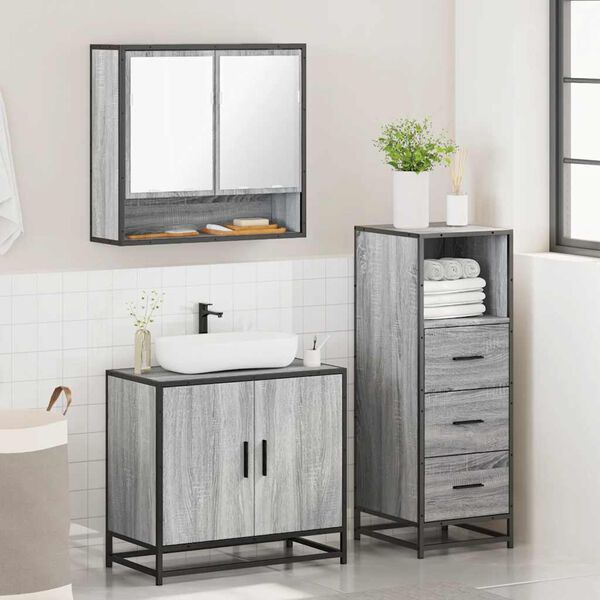 vidaXL 3-tlg. Badm&ouml;bel-Set Grau Sonoma Holzwerkstoff