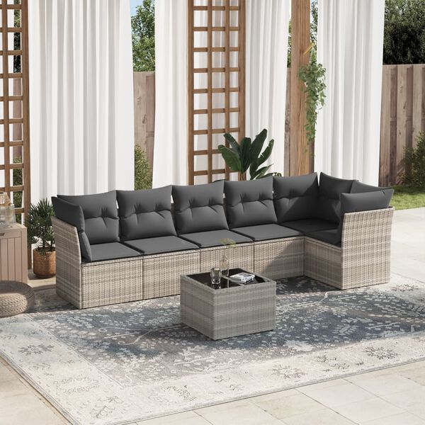vidaXL 7-tlg. Garten-Sofagarnitur mit Kissen Hellgrau Poly Rattan