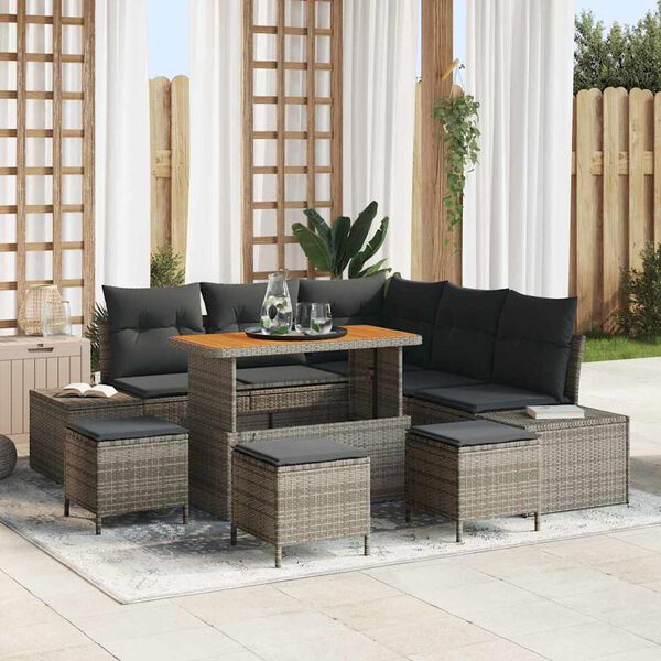vidaXL Garten-Sofa-Set mit Kissen 9 pcs Grau Poly Rattan