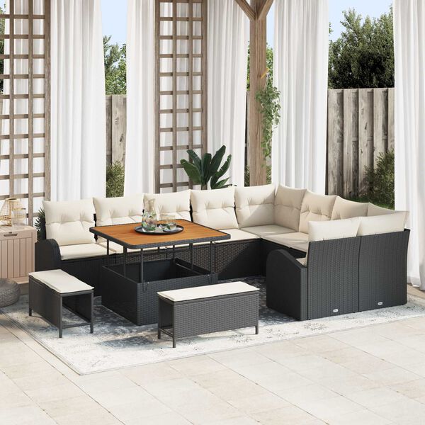 vidaXL Garten-Sofa-Set mit Kissen mit Kissen 12 pcs Schwarz und Creme