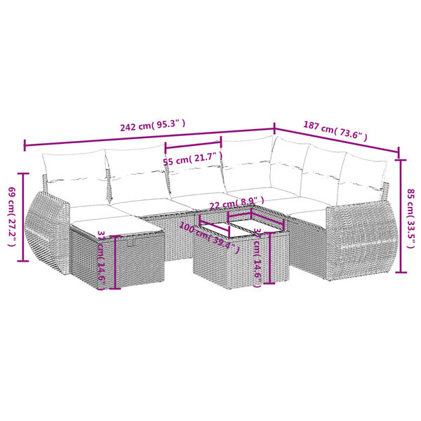 vidaXL 8-tlg. Garten-Sofagarnitur mit Kissen Grau Poly Rattan