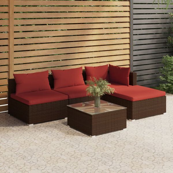 vidaXL 5-tlg. Garten-Lounge-Set mit Kissen Poly Rattan Braun