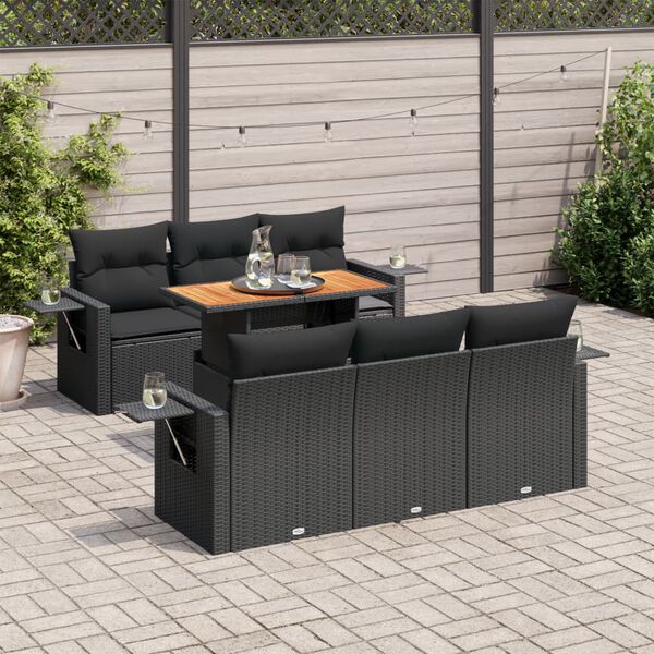 vidaXL 7-tlg. Garten-Sofagarnitur mit Kissen Schwarz Poly Rattan