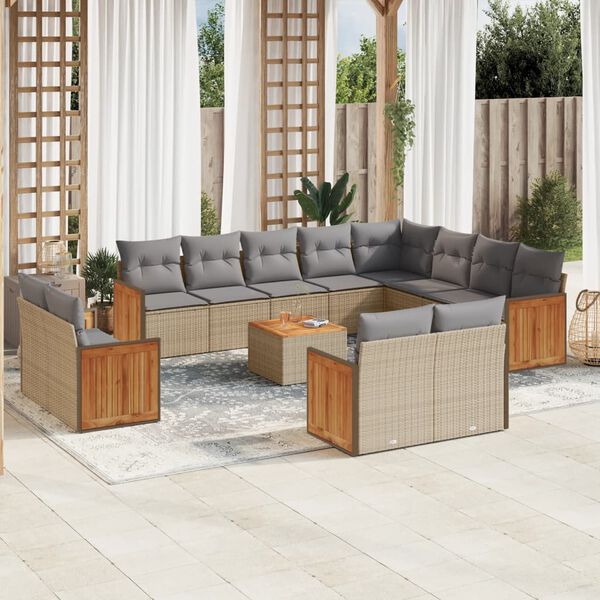 vidaXL 13-tlg. Garten-Sofagarnitur mit Kissen Beige Poly Rattan