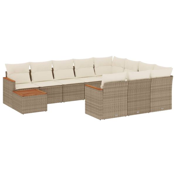 vidaXL 11-tlg. Garten-Sofagarnitur mit Kissen Beige Poly Rattan
