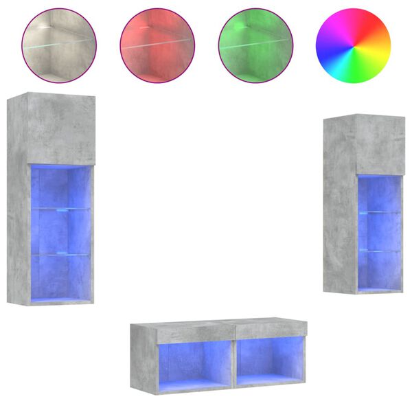 vidaXL 4-tlg. TV-Wohnwand mit LED-Leuchten Betongrau