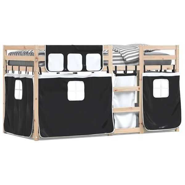 vidaXL Etagenbett mit Vorh&auml;ngen Wei&szlig; & Schwarz 80x200 cm Kiefernholz