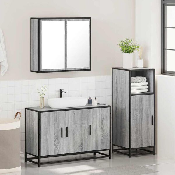 vidaXL 3-tlg. Badm&ouml;bel-Set Grau Sonoma Holzwerkstoff