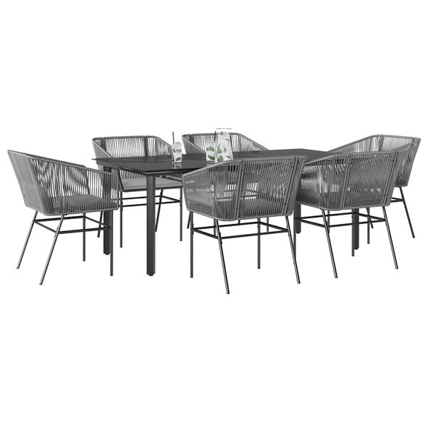 vidaXL 7-tlg. Garten-Essgruppe mit Kissen Grau Poly Rattan Glas