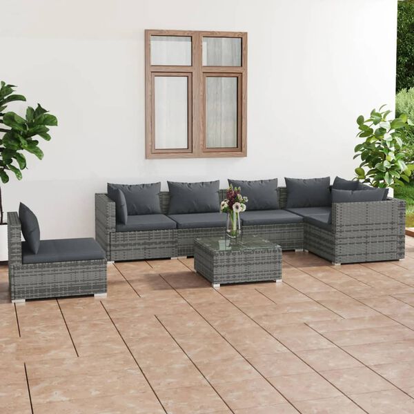 vidaXL 7-tlg. Garten-Lounge-Set mit Kissen Poly Rattan Grau