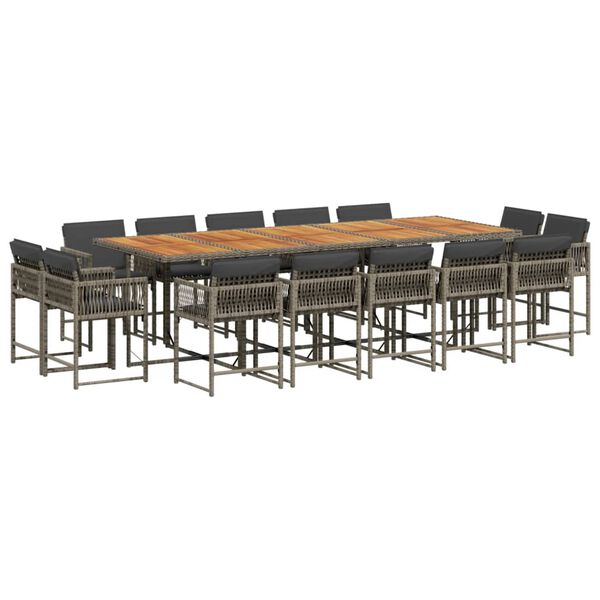 vidaXL 15-tlg. Garten-Essgruppe mit Kissen Grau Poly Rattan
