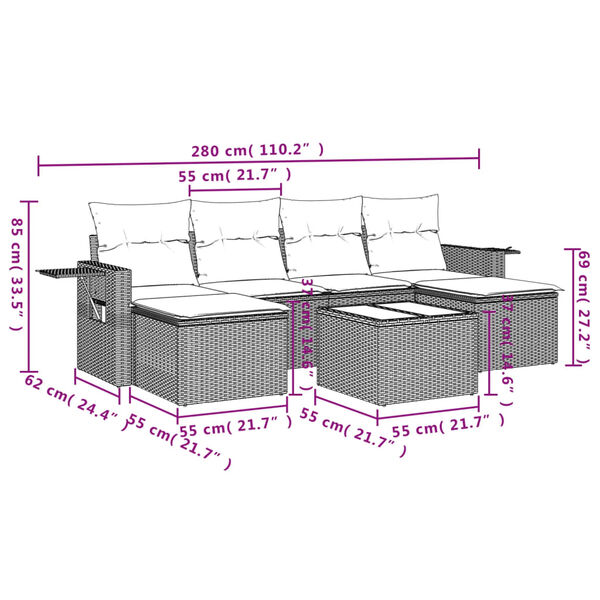 vidaXL 7-tlg. Garten-Sofagarnitur mit Kissen Braun Poly Rattan