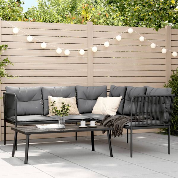 vidaXL Garten-Sofagarnitur mit Kissen Schwarz Stahl und Textilene