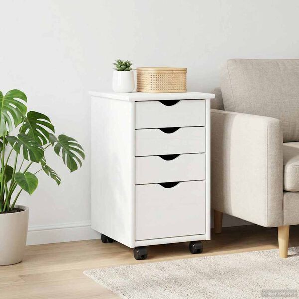 vidaXL Rollschrank Mit Rad Wei&szlig; 34 x 39 x 56 cm Massives Kiefernholz