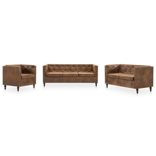 vidaXL Chesterfield Sofa-Set 3-tlg. Stoffpolsterung Braun Wildlederoptik