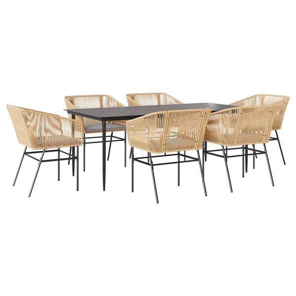 vidaXL 7-tlg. Garten-Essgruppe mit Kissen Braun Poly Rattan Glas