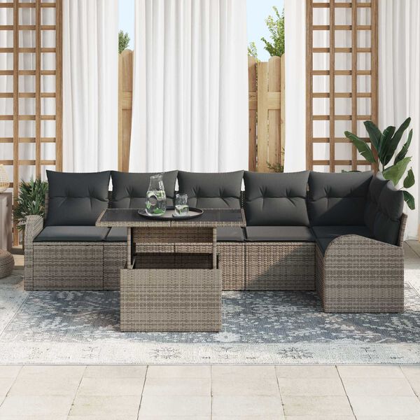 vidaXL Garten-Sofa-Set mit Kissen mit Speicher 7 pcs Grau Poly Rattan