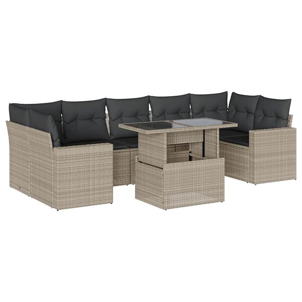 vidaXL 8-tlg. Garten-Sofagarnitur mit Kissen Hellgrau Poly Rattan