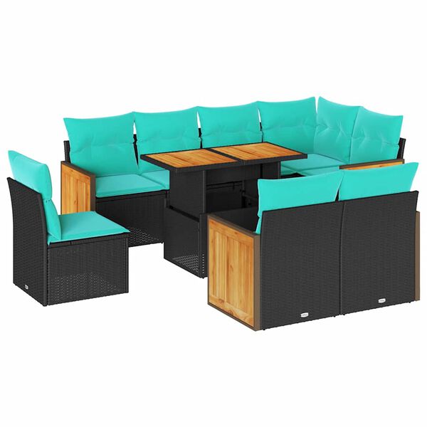 vidaXL 9-tlg. Garten-Sofagarnitur mit Kissen Schwarz Poly Rattan