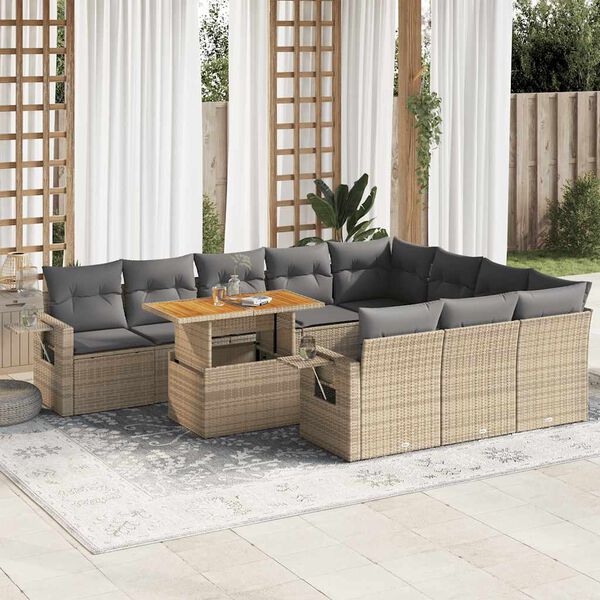 vidaXL 11-tlg. Garten-Sofagarnitur mit Kissen Beige Poly Rattan