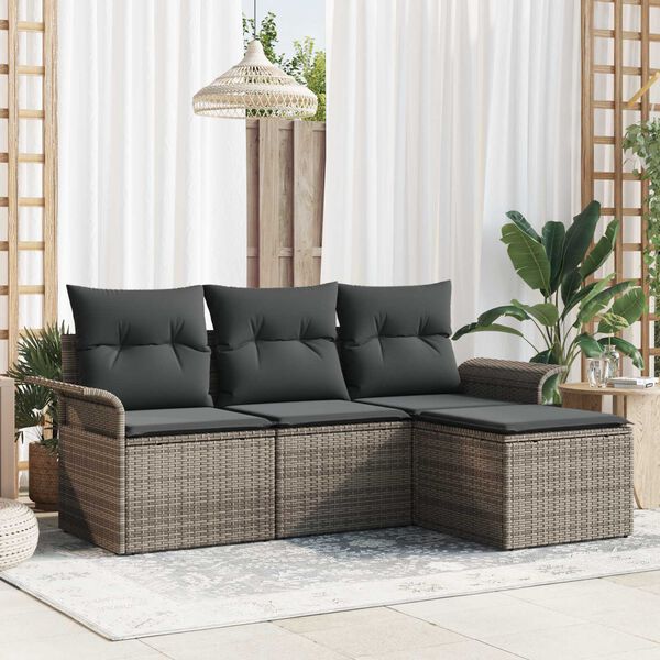 vidaXL Sofa Set mit Kissen 4 pcs Grau Poly-Rattan