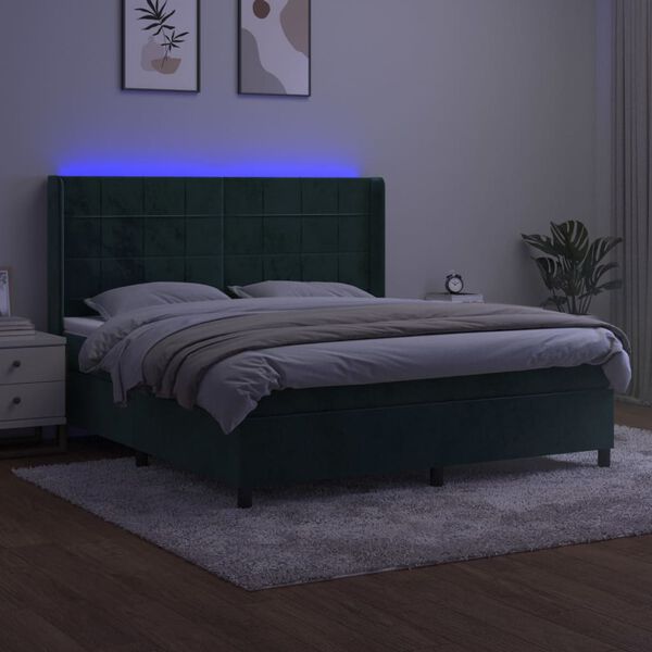 vidaXL Boxspringbett mit Matratze & LED Dunkelgr&uuml;n 160x200 cm Samt