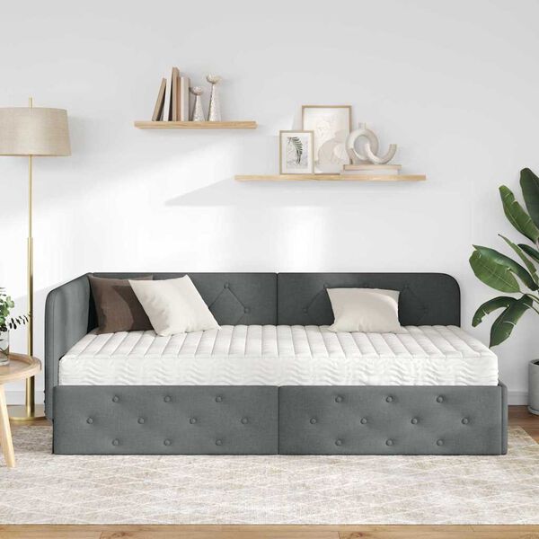 vidaXL Eckbettgestell mit Matratze Dunkelgrau 100 x 200 cm Stoff
