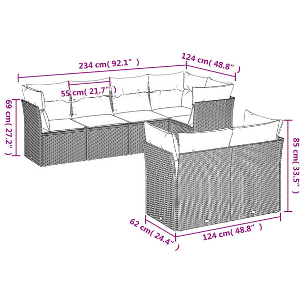 vidaXL 7-tlg. Garten-Sofagarnitur mit Kissen Hellgrau Poly Rattan