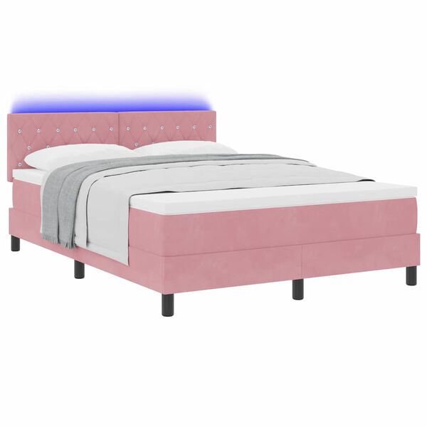 vidaXL LED Boxspringbett mit Matratze mit LED Rosa 140 x 190 cm Samt