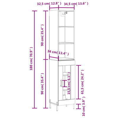 vidaXL Highboard Hochglanz-Weiß 34,5x34x180 cm Holzwerkstoff