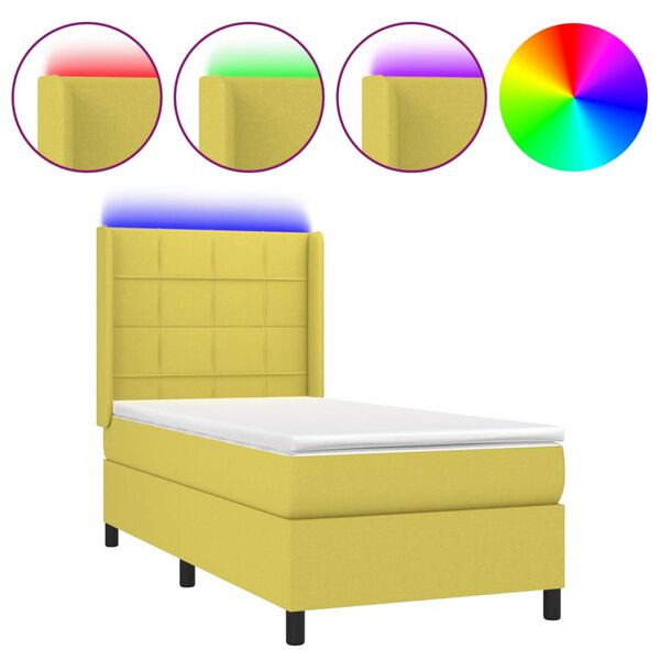 vidaXL Boxspringbett mit Matratze & LED Gr&uuml;n 90x190 cm Stoff
