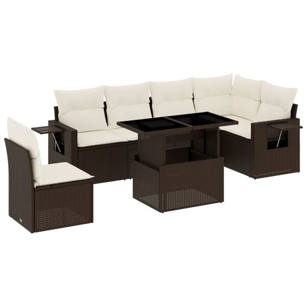 vidaXL 7-tlg. Garten-Sofagarnitur mit Kissen Braun Poly Rattan