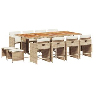 vidaXL 13-tlg. Garten-Essgruppe mit Kissen Beige Poly Rattan
