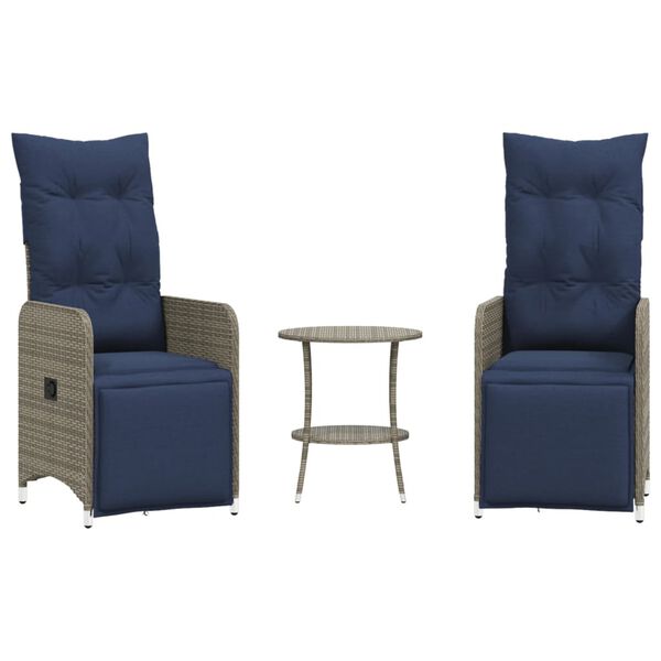 vidaXL Gartenstühle Verstellbar 2 Stk. mit Tisch Grau Poly Rattan