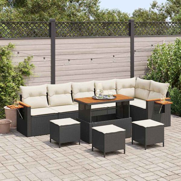 vidaXL Garten-Sofa-Set mit Kissen mit Speicher Schwarz Poly Rattan