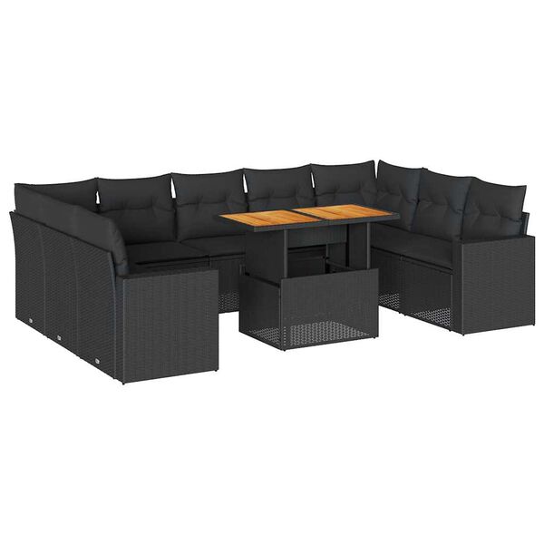 vidaXL 10-tlg. Garten-Sofagarnitur mit Kissen Schwarz Poly Rattan