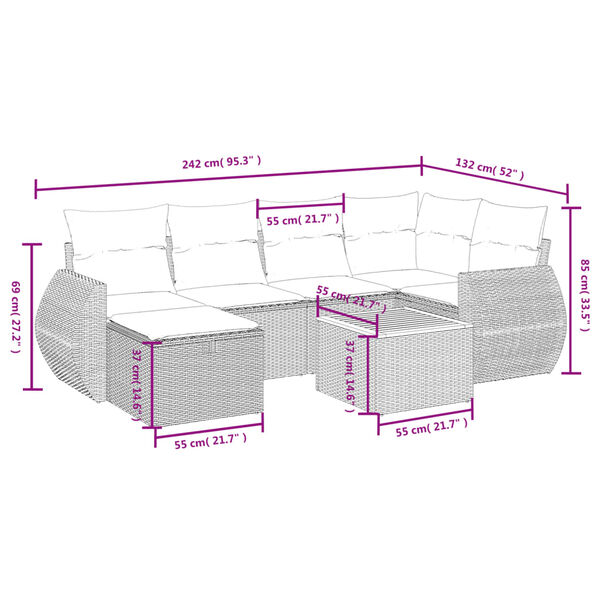 vidaXL 7-tlg. Garten-Sofagarnitur mit Kissen Grau Poly Rattan