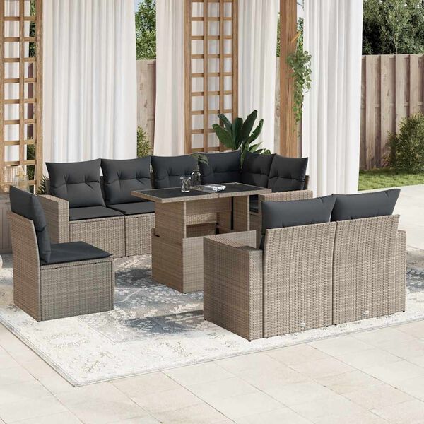 vidaXL 9-tlg. Garten-Sofagarnitur mit Kissen Hellgrau Poly Rattan