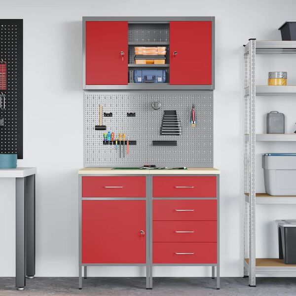 vidaXL Arbeitsschrankset mit Schubladen mit Regal 5 pcs Rot