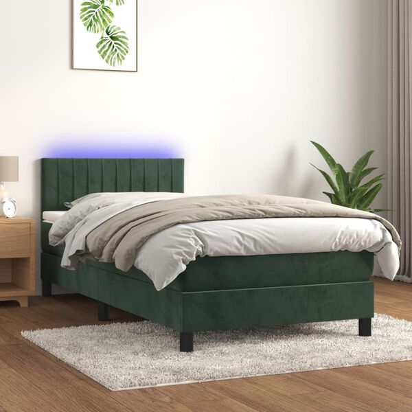 vidaXL Boxspringbett mit Matratze & LED Dunkelgr&uuml;n 90x190 cm Samt