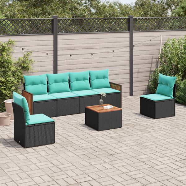 vidaXL 7-teiliges Gartensofa-Set mit Kissen, schwarzes Polyrattan