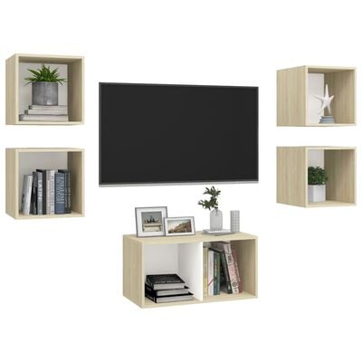 vidaXL 5-tlg. TV-Schrank-Set Weiß Sonoma-Eiche Holzwerkstoff