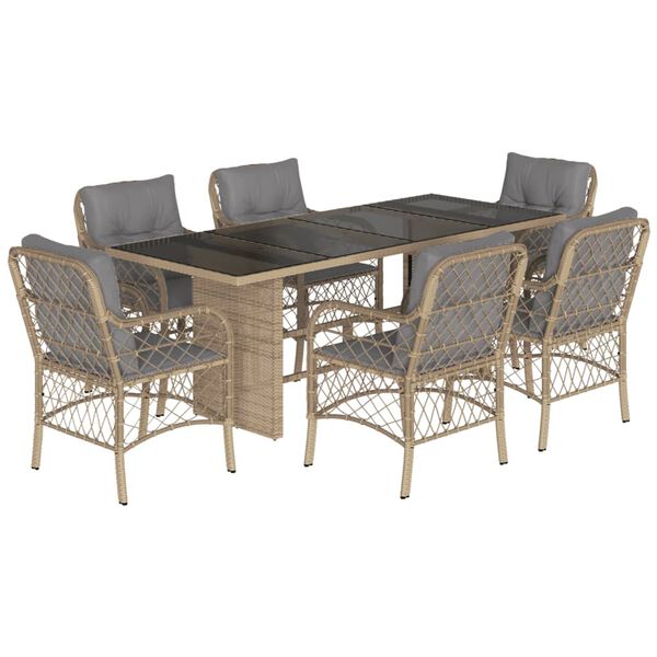 vidaXL 7-tlg. Garten-Essgruppe mit Kissen Beigemischung Poly Rattan